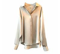 Women's Satin Blouse Casual Solid Color Long Sleeve T Shirts Loose Fit Button Down Lapel Neck Tunic Tops Soft Elegant Comfortable Tee Blouse for Order Again from My Recent Orders Khaki
