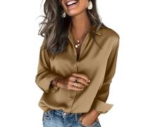 Womens Satin Blouse Long Sleeve Ruched Cuff Blouses for Women UK Executive Office Work Tops Going Out Tops V Neck Slim Relaxed Fit Dressy Casual Shirts D-Khaki, XXL