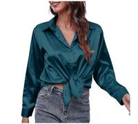 Womens Satin Blouse Silk Shirt Long Sleeve Button Down Casual Work Shirt Loose Fit Tops Elegant Longline Blouse Formal Business Shirts Classic Plain Shirts for Ladies Plus Size