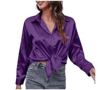 Womens Satin Blouse Silk Shirt Long Sleeve Button Down Casual Work Shirt Loose Fit Tops Elegant Longline Blouse Formal Business Shirts Classic Plain Shirts for Ladies Plus Size (Purple, XL)