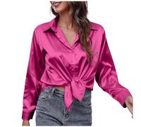 Womens Satin Blouse Silk Shirt Long Sleeve Button Down Casual Work Shirt Loose Fit Tops Elegant Longline Blouse Formal Business Shirts Classic Plain Shirts for Ladies Plus Size (XXL) Hot Pink