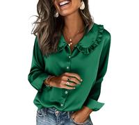 Women's Satin Blouses Button Down Ruffle V Neck Shirts Regular Fit Long Sleeve Casual Office Work Tops Ladies Solid Color Classic Elegant Dress Shirts