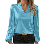 Womens Satin Blouses Elegant V Neck Tunic Tops Puff Long Sleeve Tops Loose Casual Henley Top Dressy Casual Tees Top Silk Satin Ladies Tops for Work Office Sky Blue