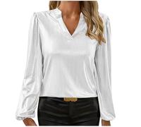 Womens Satin Blouses Elegant V Neck Tunic Tops Puff Long Sleeve Tops Loose Casual Henley Top Dressy Casual Tees Top Silk Satin Ladies Tops for Work Office White