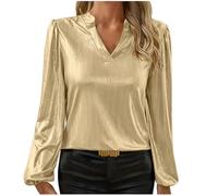 Womens Satin Blouses Elegant V Neck Tunic Tops Puff Long Sleeve Tops Loose Casual Henley Top Dressy Casual Tees Top Silk Satin Ladies Tops for Work Office Gold
