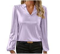 Womens Satin Blouses Elegant V Neck Tunic Tops Puff Long Sleeve Tops Loose Casual Henley Top Dressy Casual Tees Top Silk Satin Ladies Tops for Work Office Purple