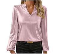 Womens Satin Blouses Elegant V Neck Tunic Tops Puff Long Sleeve Tops Loose Casual Henley Top Dressy Casual Tees Top Silk Satin Ladies Tops for Work Office Pink