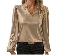 Womens Satin Blouses Elegant V Neck Tunic Tops Puff Long Sleeve Tops Loose Casual Henley Top Dressy Casual Tees Top Silk Satin Ladies Tops for Work Office Brown