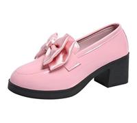 Women's Satin Bowknot Chunky Loafers, Patent Leather Heeled Loafers Work Office Business Casual Spring Fall Shoes (Pink,4)