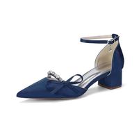 Women's Satin Bridal Pumps Crystal Block Heel Wedding Shoes Closed Pointed Toe Dress Shoes for Prom Cocktail Parties,Navy,2 UK