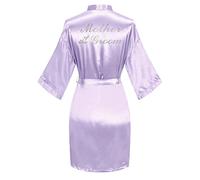 Women's Satin Bridal Robe with Rhinestones Short Kimono Bride Bridesmaid Bathrobe Wedding Dressing Gown, Light Purple
