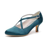 Women's Satin Criss Cross Low Heel Bridal Pumps Wedding Evening Party Pumps Sandals 6Cm,Navy Blue,5 UK
