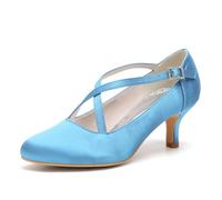 Women's Satin Criss Cross Low Heel Bridal Pumps Wedding Evening Party Pumps Sandals 6Cm,Sky Blue,4 UK