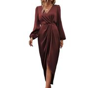 Women's Satin Dress Wrap V Neck Lantern Long Sleeve Dresses Slit Elegant Maxi Dress For Wedding Cocktail Party(Wine Red,XL)