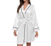Women's Satin Dressing Gown Lightweight Satin Kimono Silk Robes House Coat Long Sleeve V-Neck Sleepwear with Belt Plain Leisure Suit Sauna Gown Sleepwear Knee-Length Lounge Coat, White, M