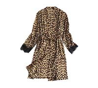 Women's Satin Dressing Gown Short Thin Kimono Leopard Print Lace Long Sleeve Sauna Gown with Belt Short Robe Summer Sleepwear Lightweight Nightgowns Loungewear, brown, XL