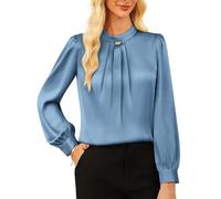 Women's Satin Evening Blouse Sparkly Dressy Elegant Top Long Sleeve Mock Neck Going Out Night Blouse Gray Blue S