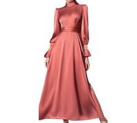 Women's Satin Evening Dress - Long Puff Sleeve Solid Color High Waist Chic And Elegant Loose Comfortable Mature Temperament Tunic Versatile Dress For Cocktail Banquet Party 2025, Watermelon Red, XXL