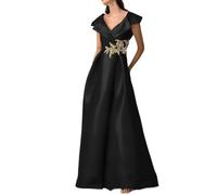Women's Satin Evening Dress with Floral Embellishment, Elegant V - Neck Formal Gown Black
