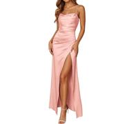 Women's Satin Evening Dresses with Spaghetti Straps, Elegant Bridesmaid Dresses with High Slit & Waist Emphasis, Deep Black Flowing A-Line Maxi Dress for Wedding, Ballet Gala, Summer Dress, Light pink