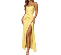 Women's Satin Evening Dresses with Spaghetti Straps, Elegant Bridesmaid Dresses with High Slit & Waist Emphasis, Deep Black Flowing A-Line Maxi Dress for Wedding, Ballet Gala, Summer Dress, yellow, S