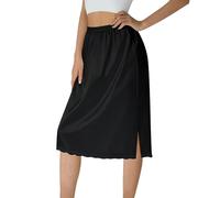Women's Satin Half Slips Split Side Solid Color Knee Length Underskirt Elastic Waist Inner Lining Midi Skirt Ladies Petticoats Under Dresses Black XL
