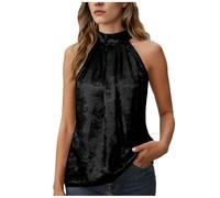 Women's Satin Halter Top Pleated Neckline Shiny Sleeveless Vest Tank Top Blouse Keyhole Back Top Formal Summer Clothing Sparkle Elegant Camisole Vests Ladies Solid Color Mock Neck UK Black