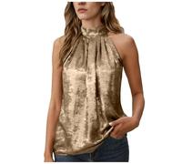 Women's Satin Halter Top Pleated Neckline Shiny Sleeveless Vest Tank Top Blouse Keyhole Back Top Formal Summer Clothing Sparkle Elegant Camisole Vests Ladies Solid Color Mock Neck UK