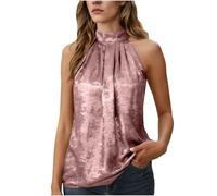 Women's Satin Halter Top Pleated Neckline Shiny Sleeveless Vest Tank Top Blouse Keyhole Back Top Formal Summer Clothing Sparkle Elegant Camisole Vests Ladies Solid Color Mock Neck UK Light Purple