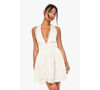 Womens Satin Halterneck Boned Detail Volume Mini Dress - Cream - 14, Cream
