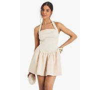 Womens Satin Halterneck Drop Waist Volume Mini Dress - Beige - 10, Beige