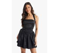 Womens Satin Halterneck Drop Waist Volume Mini Dress - Black - 10, Black