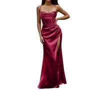 Women's Satin Halterneck Sleeveless Cocktail A-Line Party Dress With Pockets - Crystal Shimmer Wedding Evening Mermaid Gown, A Red, S
