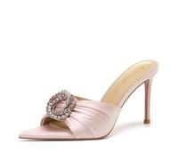 Women's Satin Heeled Mules, Open Toe Slip-On Evening Sandals | 8 cm stiletto lift with a pleated vamp and crystal-effect oval ornament for weddings, parties and formal occasions