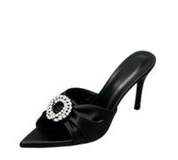 Women's Satin Heeled Mules, Open Toe Slip-On Evening Sandals | 8 cm stiletto lift with a pleated vamp and crystal-effect oval ornament for weddings, parties and formal occasions