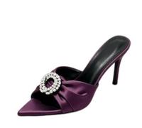 Women's Satin Heeled Mules, Open Toe Slip-On Evening Sandals | 8 cm stiletto lift with a pleated vamp and crystal-effect oval ornament for weddings, parties and formal occasions