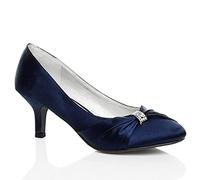 WOMENS SATIN HEELS LADIES WEDDING BRIDAL BRIDESMAID STILETTO LOW MID KITTEN HEEL DIAMANTE BUCKLE EVENING PARTY PROM SLIP ON CLOSE TOE SMART FORMAL CLASSIC SHOES PUMP SIZE 5 UK Navy