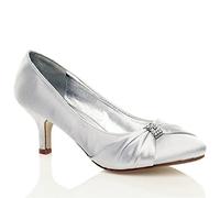 Womens Satin Heels Ladies Wedding Bridal Bridesmaid Stiletto Low Mid Kitten Heel Diamante Buckle Evening Party Prom Slip On Close Toe Smart Formal Classic Shoes Pump,Silver,4 UK