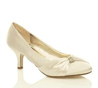 WOMENS SATIN HEELS LADIES WEDDING BRIDAL BRIDESMAID STILETTO LOW MID KITTEN HEEL DIAMANTE BUCKLE EVENING PARTY PROM SLIP ON CLOSE TOE SMART FORMAL CLASSIC SHOES PUMP SIZE 7 UK Ivory