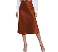 Womens Satin High Waist Midi Skirt Elegant Casual Solid Silky A Line Flared Midi Skirt Brown L