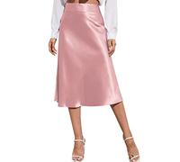 Womens Satin High Waist Midi Skirt Elegant Casual Solid Silky A Line Flared Midi Skirt Pink S