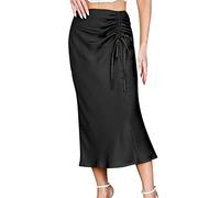 Womens Satin High Waist Midi Skirt Elegant Casual Solid Silky A Line Flared Midi Skirt Wrap Skirt 2_Black M