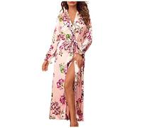 Women's Satin Kimono Robe Dressing Gown Floral Printed Silk Dressing Gown Pajamas Full Length V-Neck Bridal Bridesmaid Robes Wedding Party Bathrobe Sexy Bathrobes Lingere Underwear Sleepwear