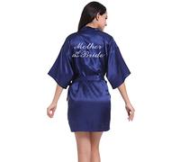 Women's Satin Kimono Robe for Bridesmaid and Bride Wedding Party Getting Ready Short Robe with Gold Glitter, Navy Blue-mother of the Bride, S/M