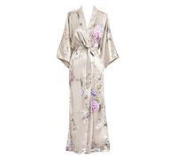 Women's Satin Kimono Robe Long - Floral - grey - One Size