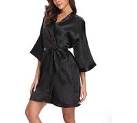 Women's Satin Kimono Robes Bridesmaid Wedding Robes Silky Bathrobes Summer Loungewear, Black, Medium