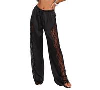Womens Satin Lace Patchwork See Through Pants High Waisted Straight Leg Sheer Mesh Slacks Trousers Business Casual Outfits (Black,XS)