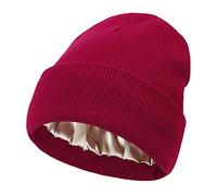 Womens Satin Lined Beanie Winter Hats Cable Knit Cuffed Beanie for Women Silk Lining Thick Chunky Warm Beanie Hat, Cuffed-burgundy, One Size