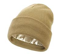 Womens Satin Lined Beanie Winter Hats Cable Knit Cuffed Beanie for Women Silk Lining Thick Chunky Warm Beanie Hat, Cuffed-Khaki, One Size