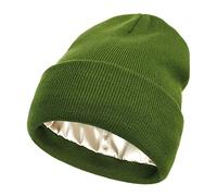 Womens Satin Lined Beanie Winter Hats Cable Knit Cuffed Beanie for Women Silk Lining Thick Chunky Warm Beanie Hat, Cuffed-green, One Size